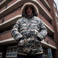 Junglist Network camo parker with hood up