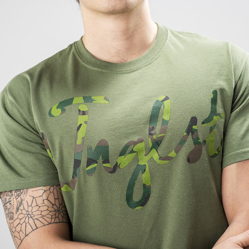 Green Camo Script T Shirt for all the Junglists