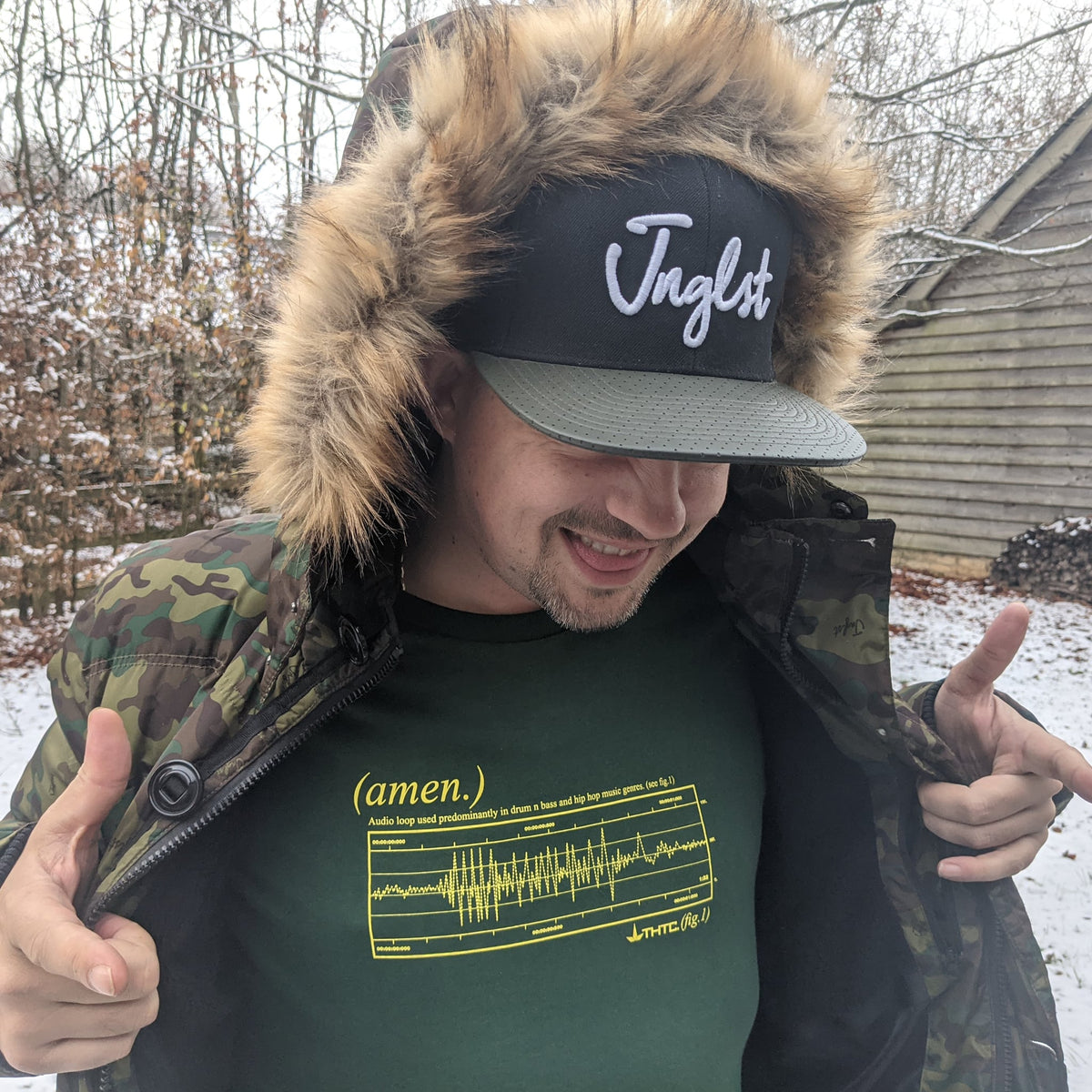 THTC Amen Tee In Exclusive Yellow Ink On A Green T Shirt