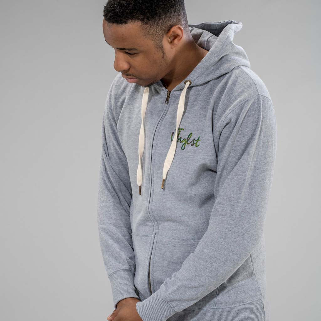 Grey Zip Up Hoodie with Camo Detail on front and back