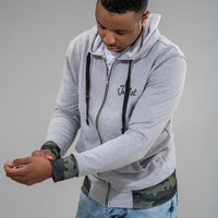 Grey Zip Hoodie with Camo Detail on the cuffs