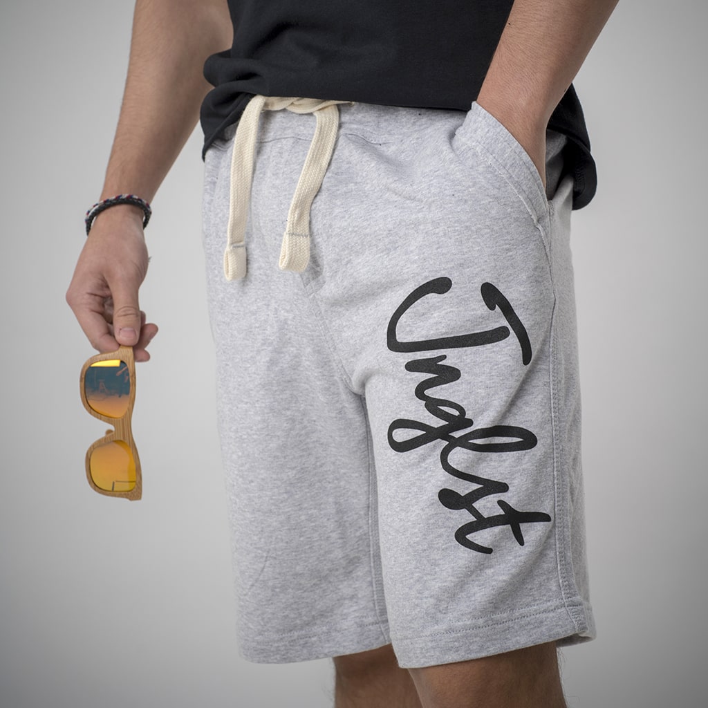 Grey Cotton Junglist Shorts with Logo Wrapped around Leg