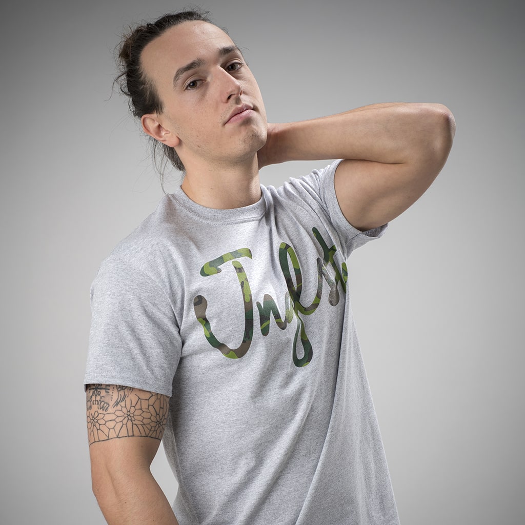 Grey T Shirt with Jnglst Clothing Camo Print on the Front