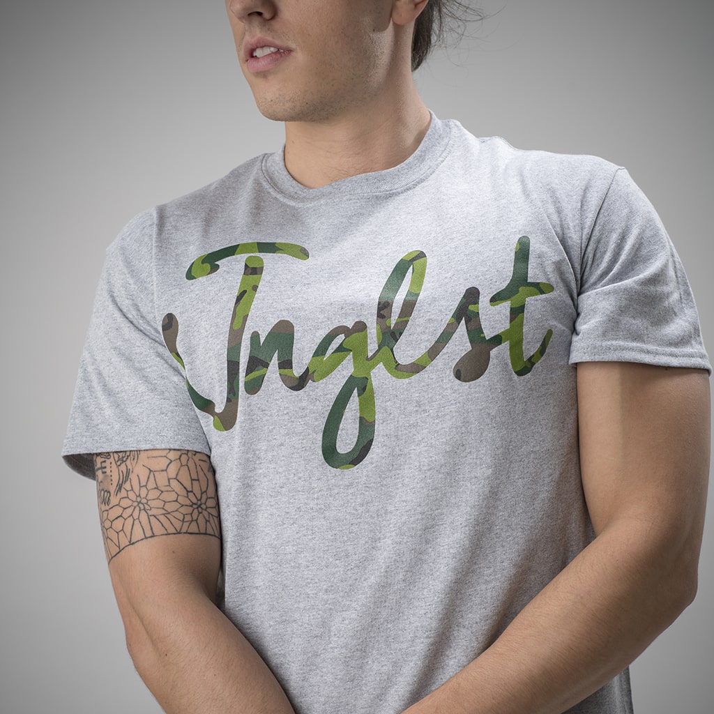 Grey T Shirt with Camo Junglist Design on Front