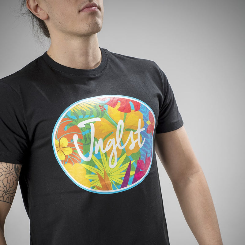 Hawaiian Flowers Jnglst Clothing Design on a Black Tee
