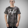 Model Wearing Dark Camo T-Shirt 