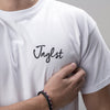 Close Up of Jnglst Front Breast Print on White T-Shirt, Rave Clothing for Junglists