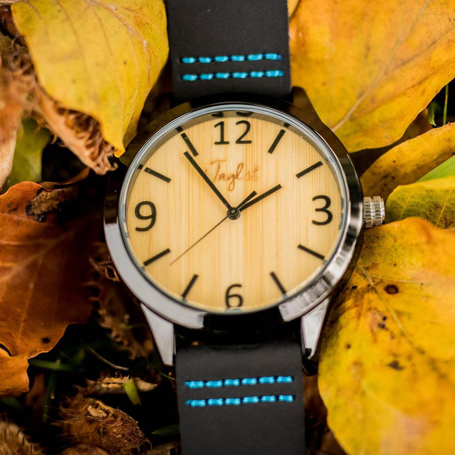 Black and Blue Junglist Bamboo Watch on Moss