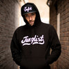 Model Wearing Junglist Script Remix Black Pullover Hoody by Junglist Network