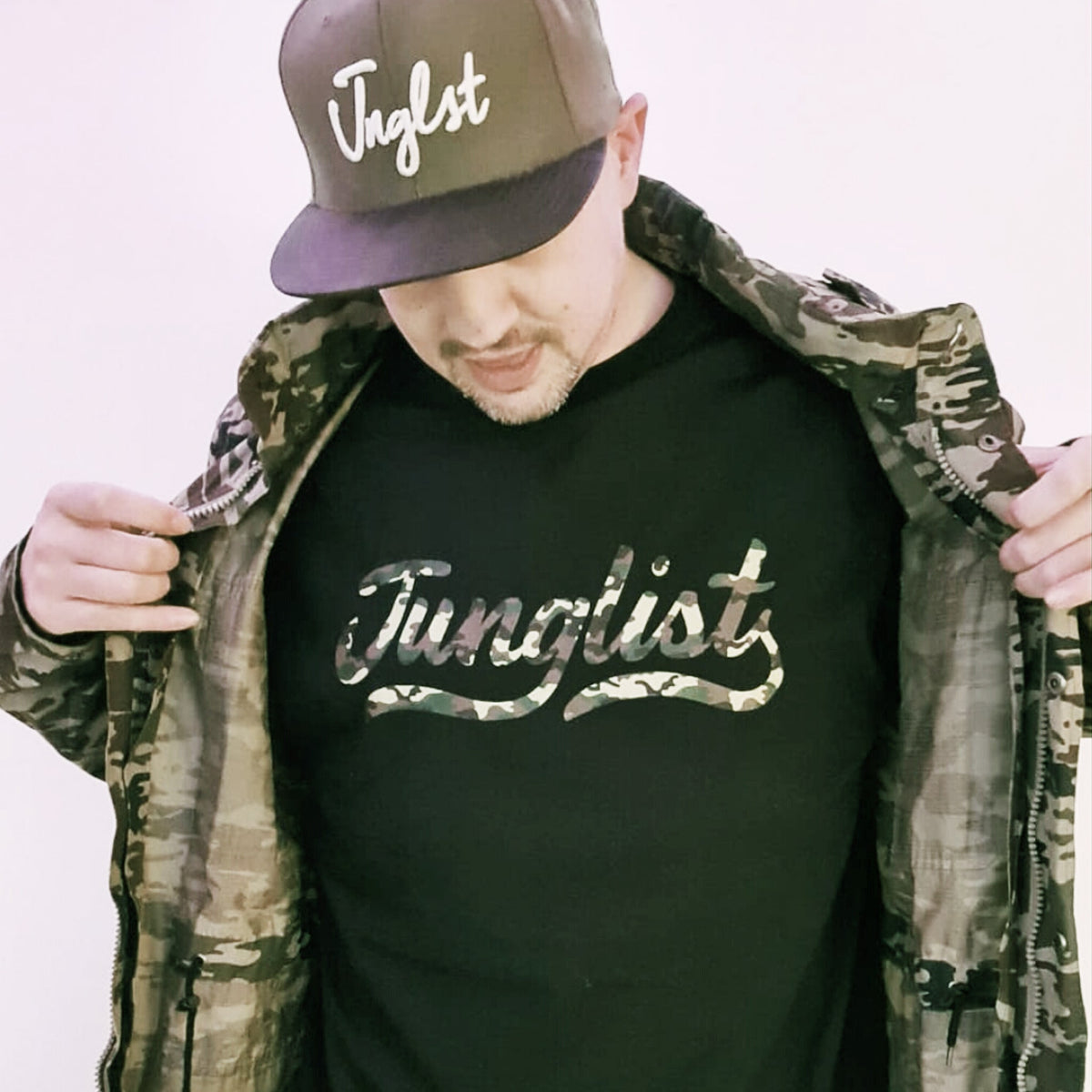 Junglist Script Remix Camo On A Black T Shirt