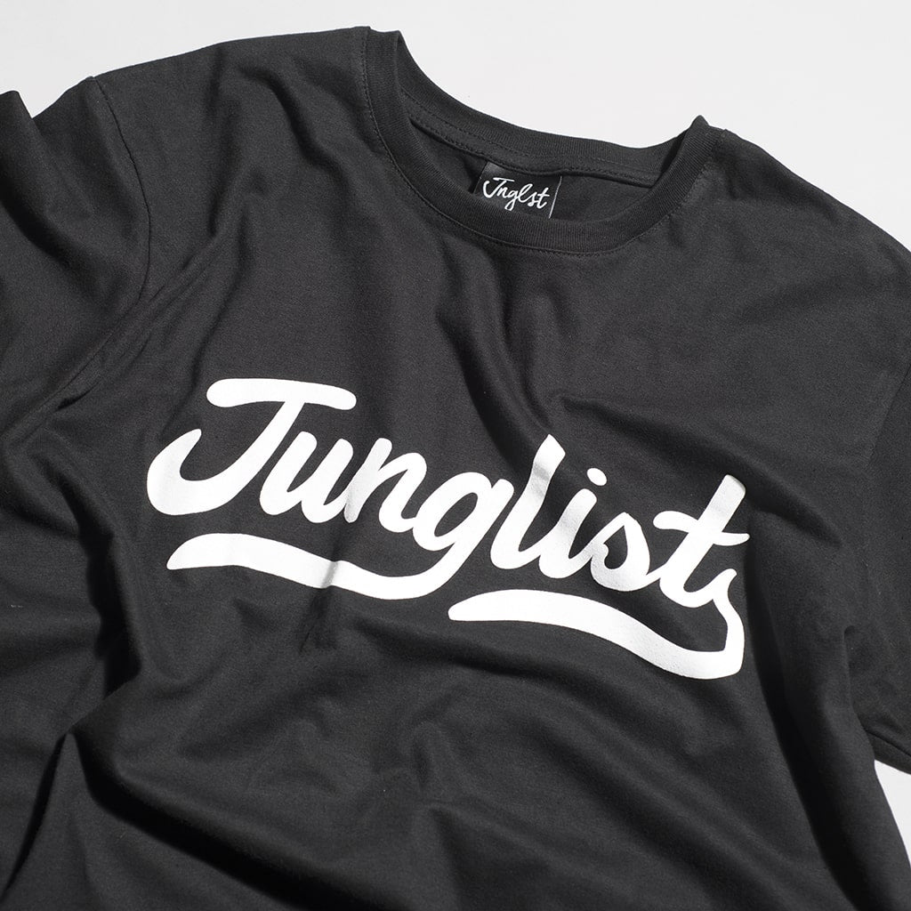 Junglist Script Black T-Shirt Front Print Close up