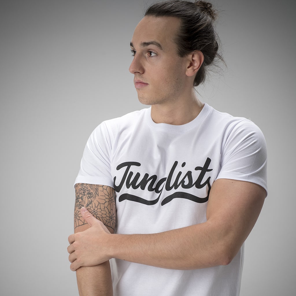 Junglist White Script Remix T-Shirt with Vowels