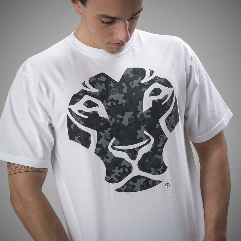 Camo White T Shirt with Dark Camo Design