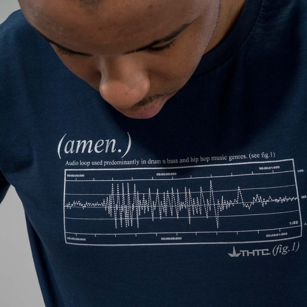 Close up of Amen Break Navy T Shirt