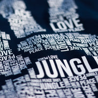 Peace Love and Jungle print close up