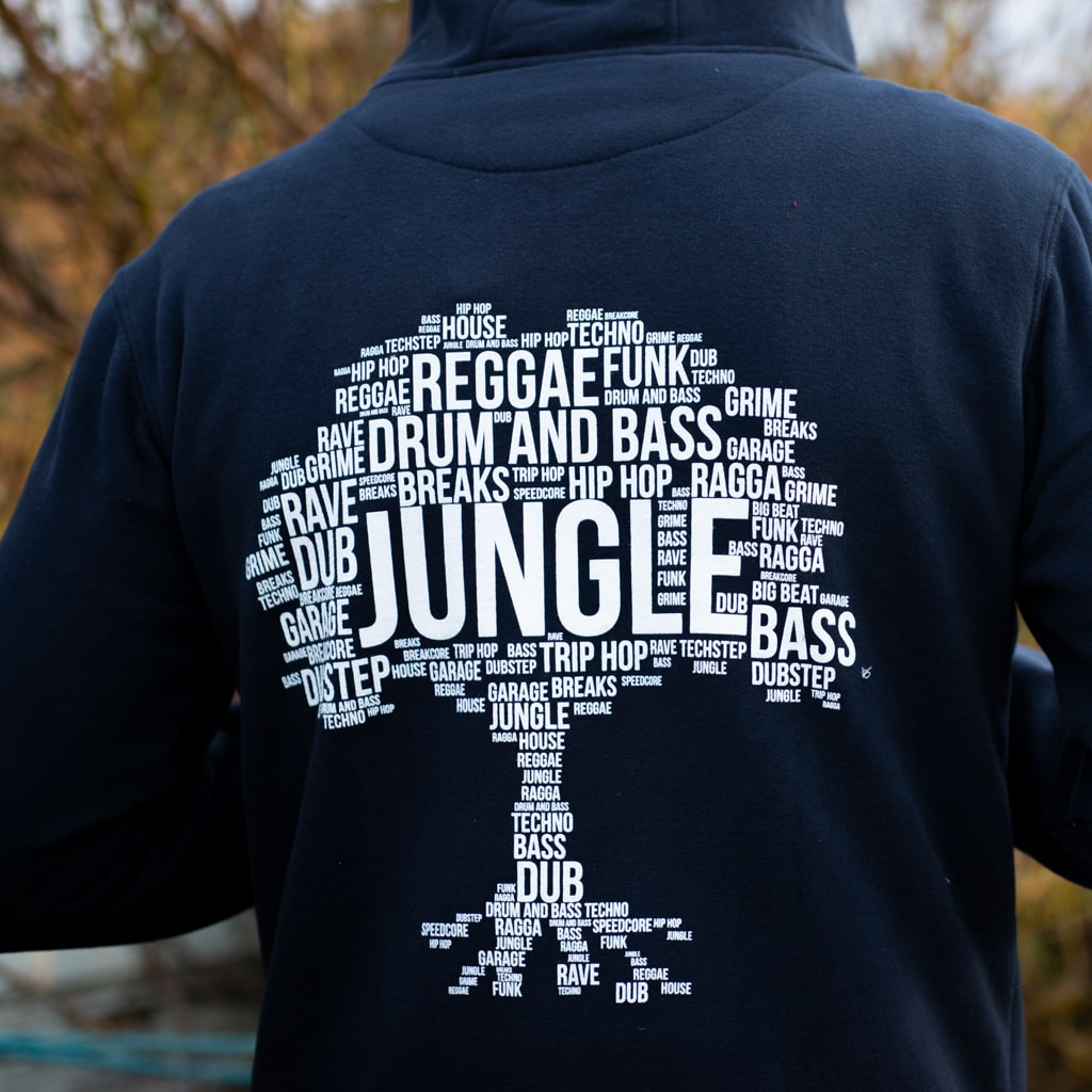Jungle Roots Tree Design on the Back of our Junglist Navy Hoody