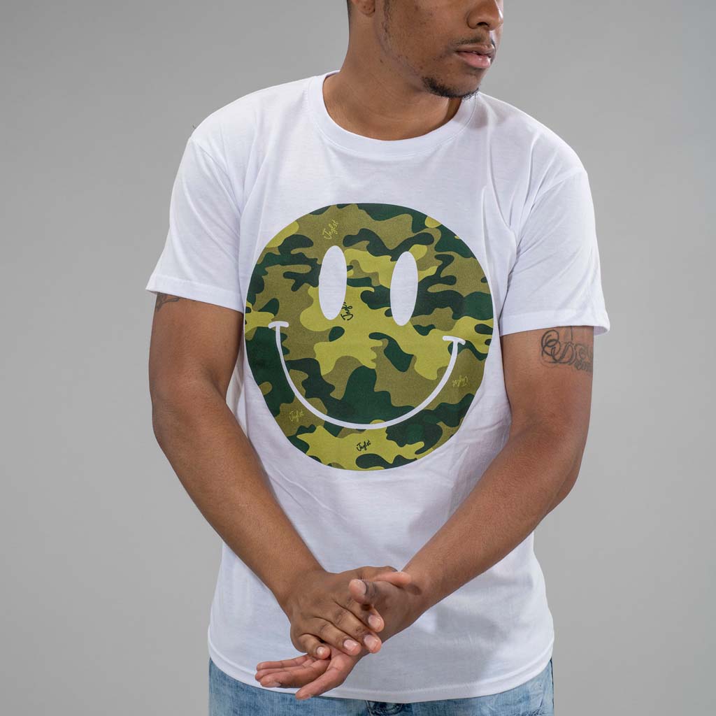 Camo Smiley front Shot White T-Shirt with Model