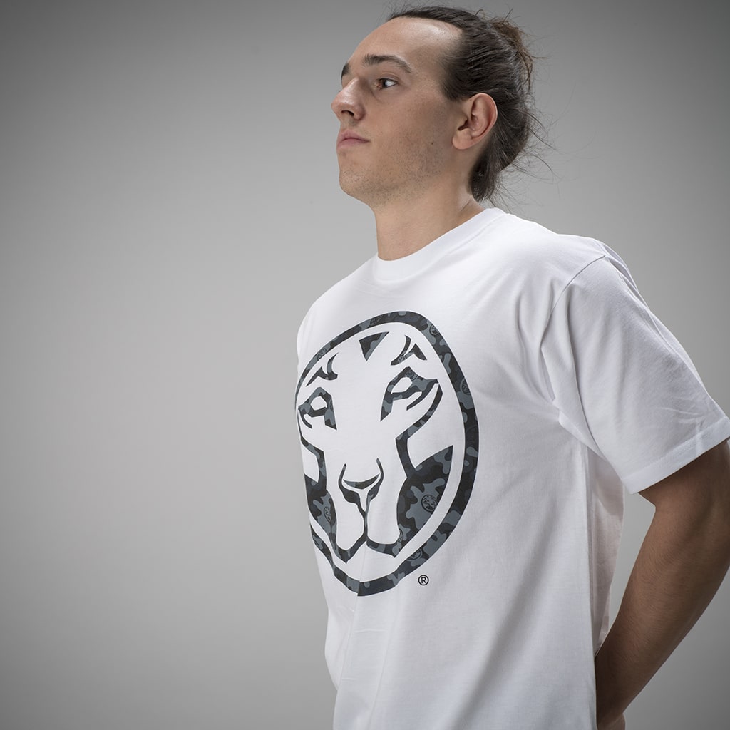 White Junglist Collab T Shirt with Dark Camo Logo